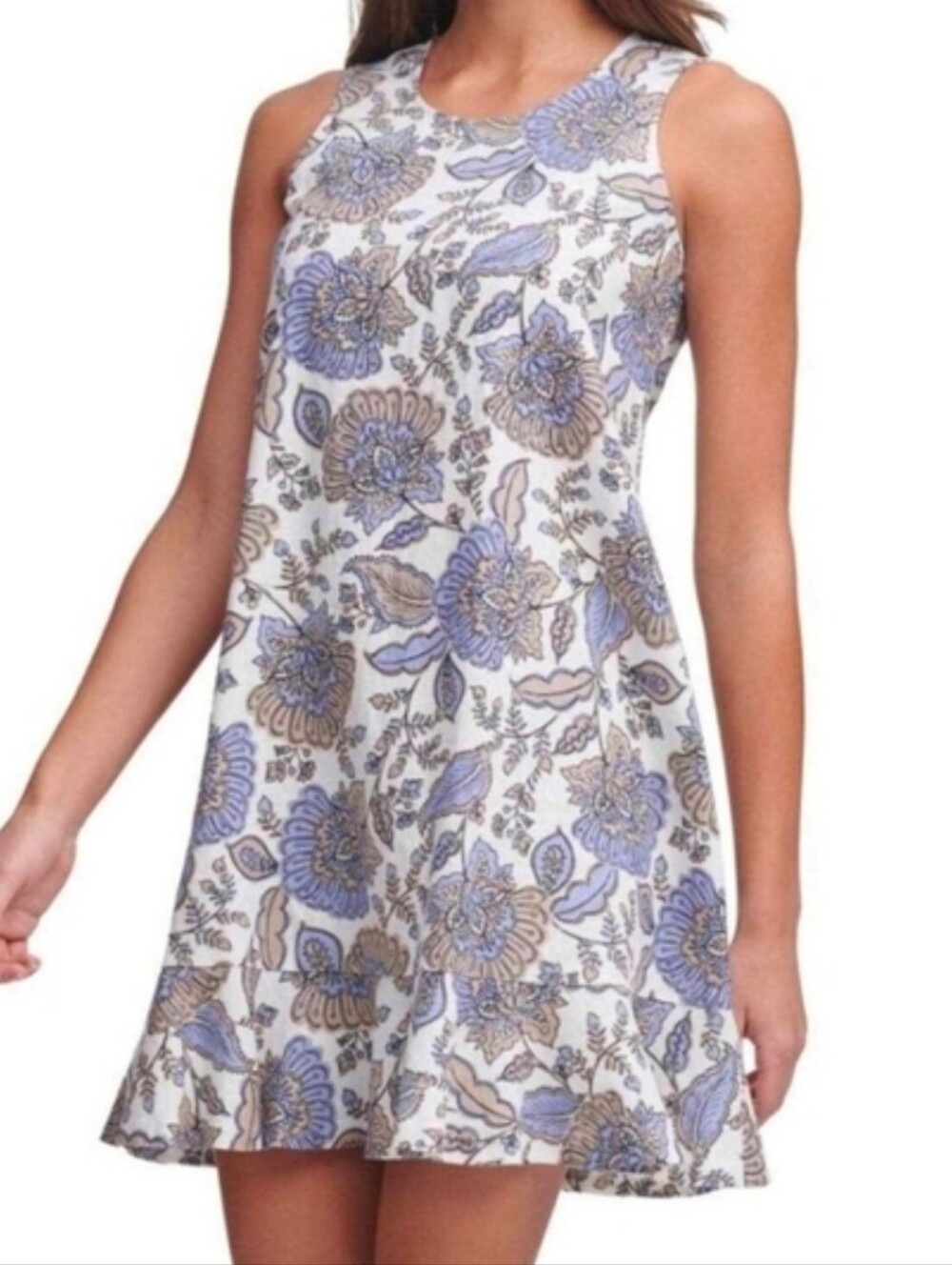 Tommy Hilfiger Linen Blend Dress Size 14 Blue Cream Floral Ruffle Hem Sleeveless